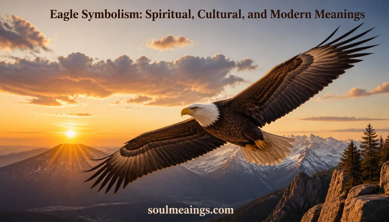 A bald eagle soaring across a bright sky above mountains.