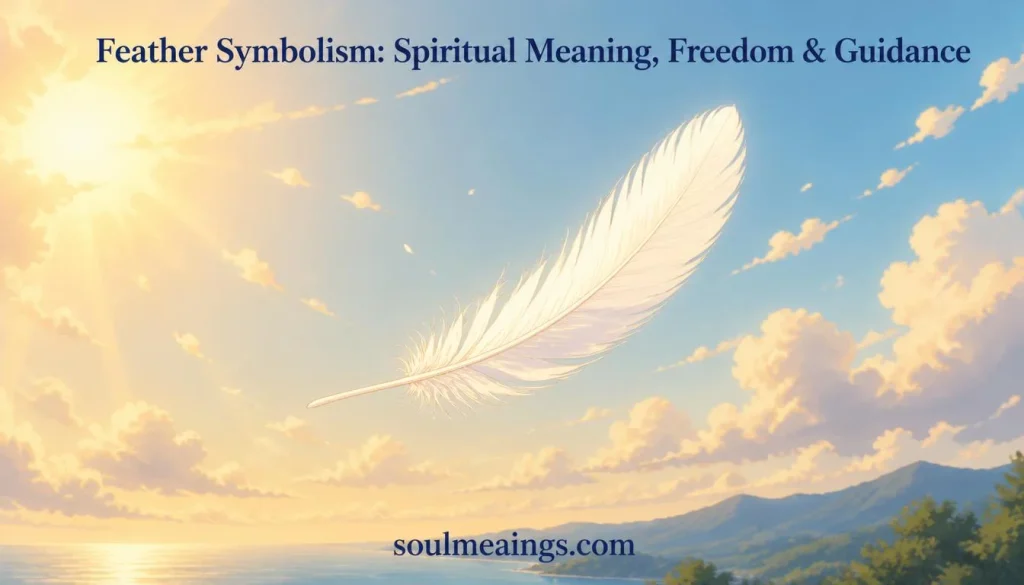 A single feather floating in the air representing spiritual meaning and freedom.