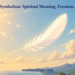 A single feather floating in the air representing spiritual meaning and freedom.