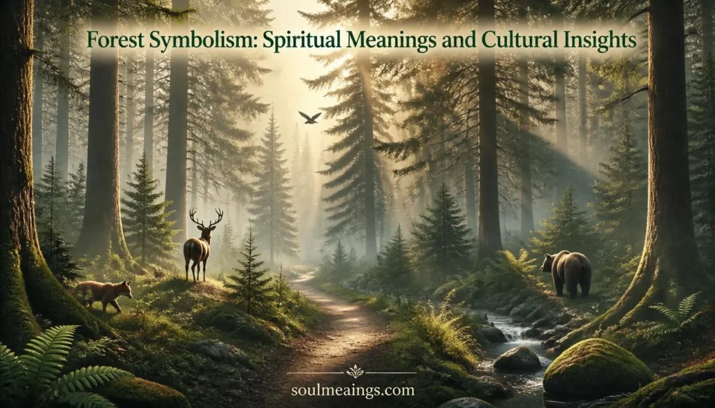 Sunlight shining through a dense green forest with tall trees and mist.