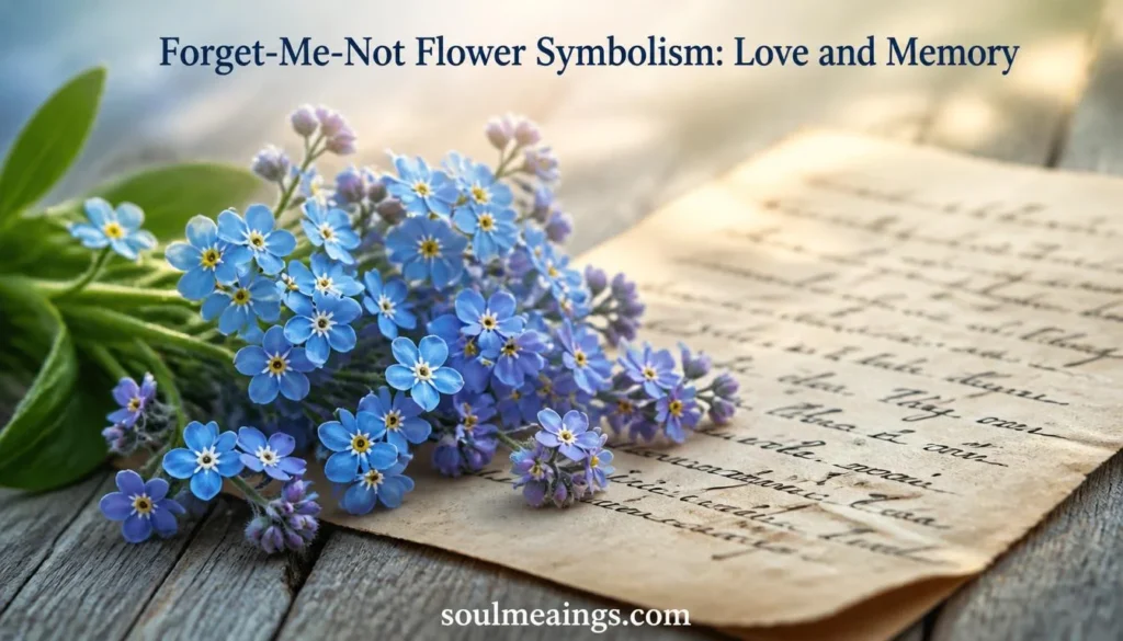 Blue forget-me-not flowers blooming beside a vintage letter.