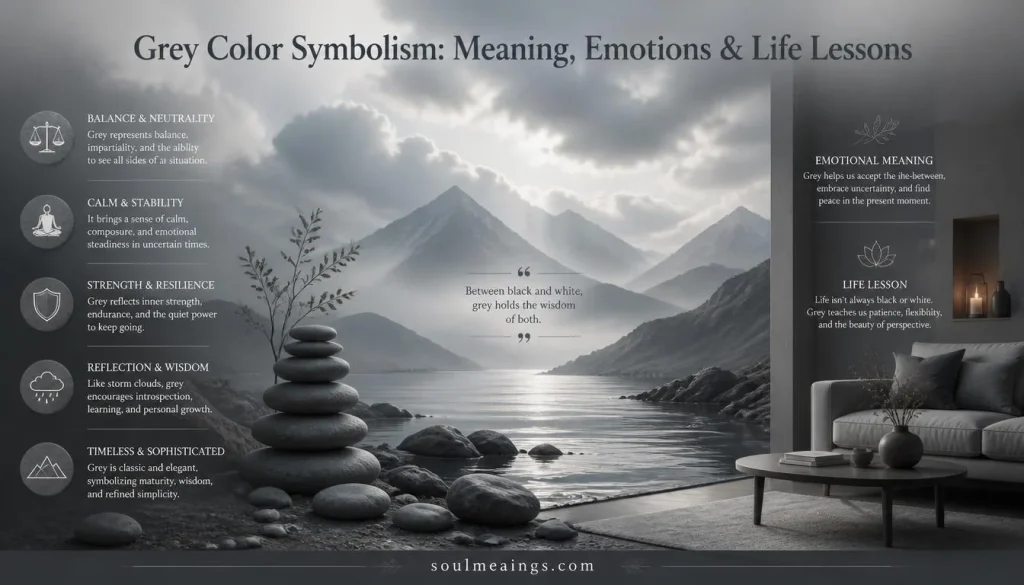 Grey color symbolism represented by misty mountains, smooth stones, storm clouds, and soft silver light.