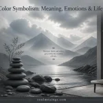 Grey color symbolism represented by misty mountains, smooth stones, storm clouds, and soft silver light.