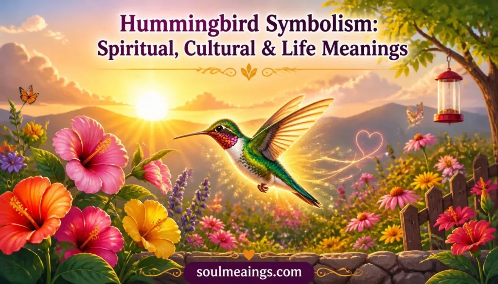 A colorful hummingbird flying beside blooming flowers at sunrise.