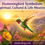 A colorful hummingbird flying beside blooming flowers at sunrise.