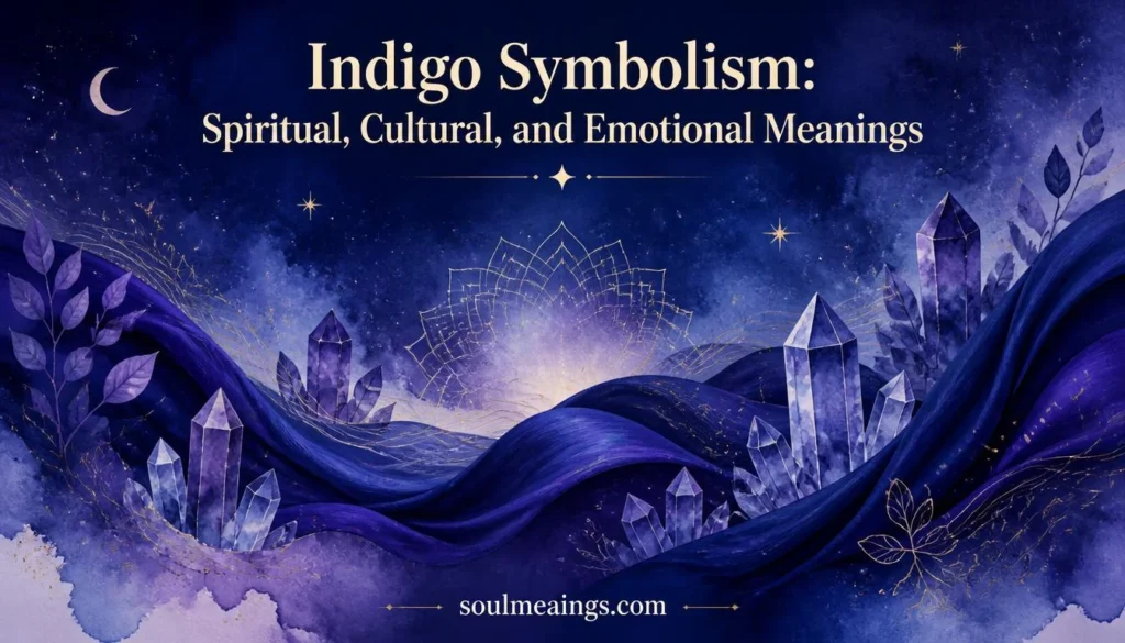 Deep indigo tones surrounding stars, fabric, and glowing spiritual symbols.