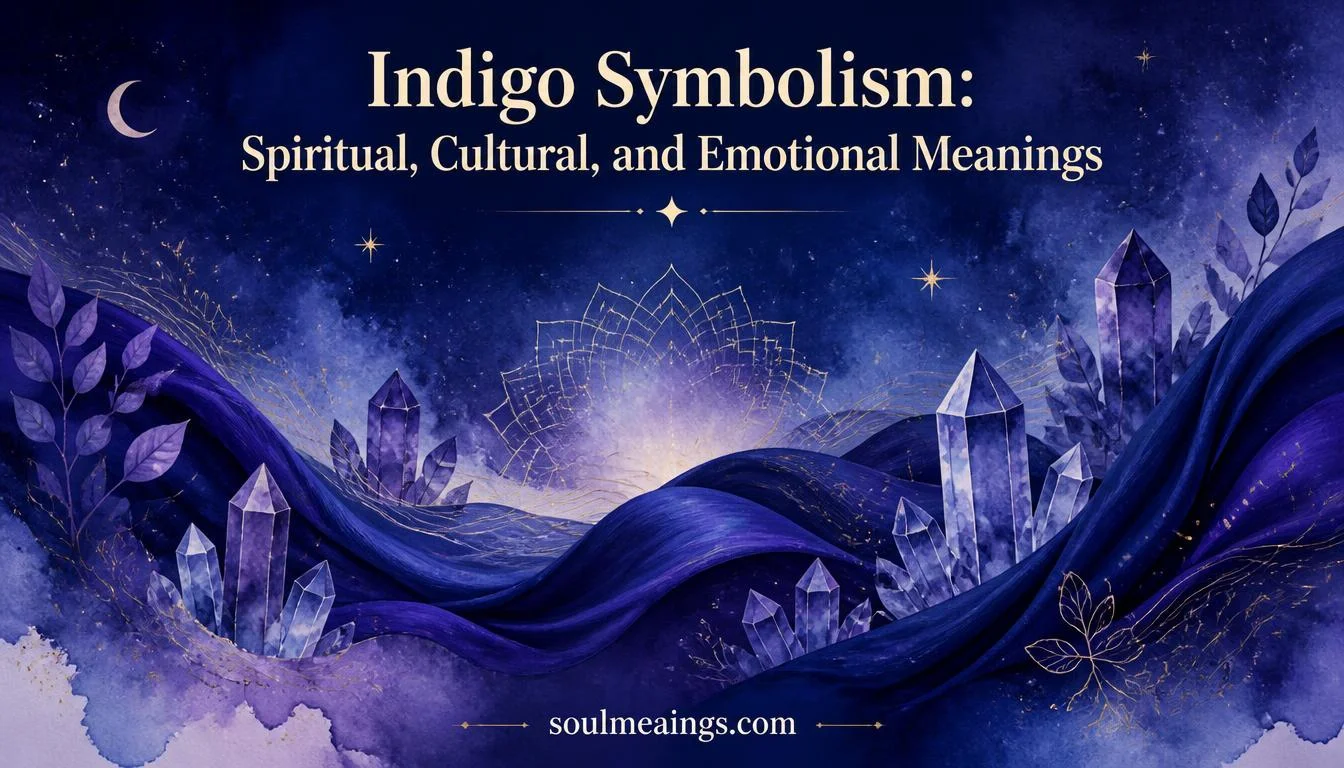 Deep indigo tones surrounding stars, fabric, and glowing spiritual symbols.