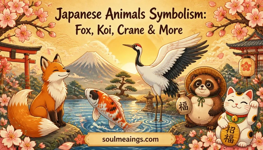 Japanese symbolic animals including a fox, koi fish, crane, tanuki, and lucky cat.