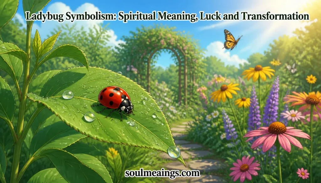 A red ladybug with black spots resting on a green leaf in a sunlit garden.