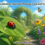 A red ladybug with black spots resting on a green leaf in a sunlit garden.