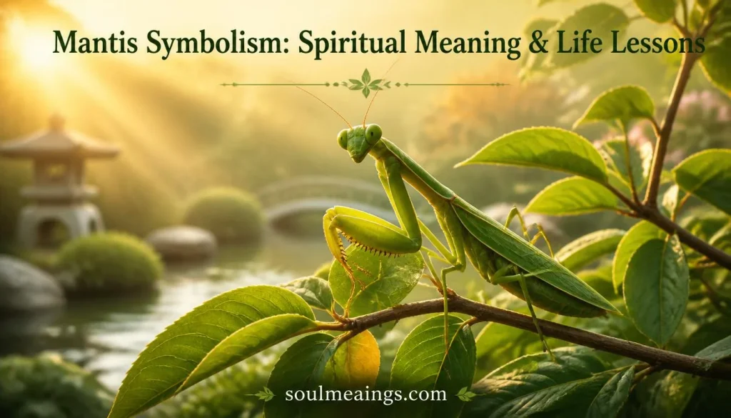 A green praying mantis resting on a leafy branch in warm sunlight.