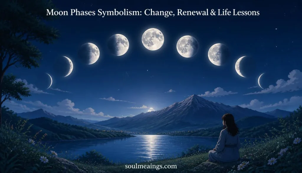 Eight moon phases arranged in a curved sequence against a dark blue night sky.