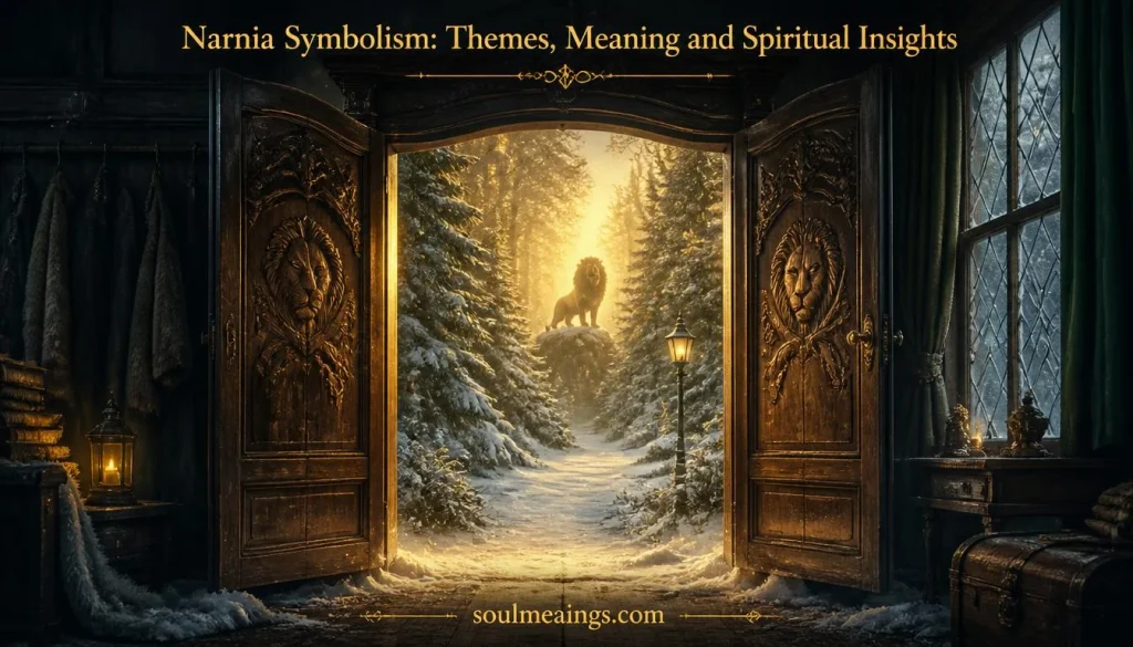 An antique wardrobe opens into a snowy enchanted forest, symbolizing hope, spiritual discovery, and transformation.