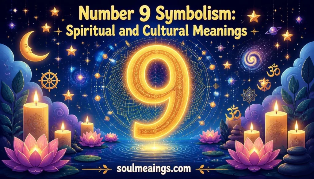 Artistic glowing number nine with spiritual and cultural symbols around it.