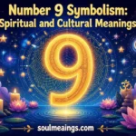 Artistic glowing number nine with spiritual and cultural symbols around it.