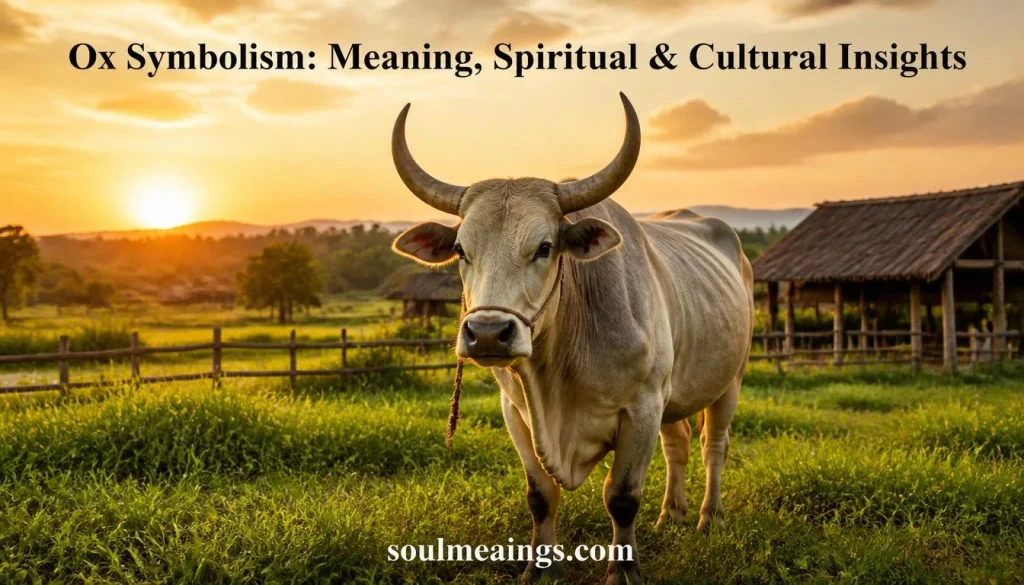 Ox standing in a green field, symbolizing strength, patience, hard work, endurance, and spiritual wisdom.