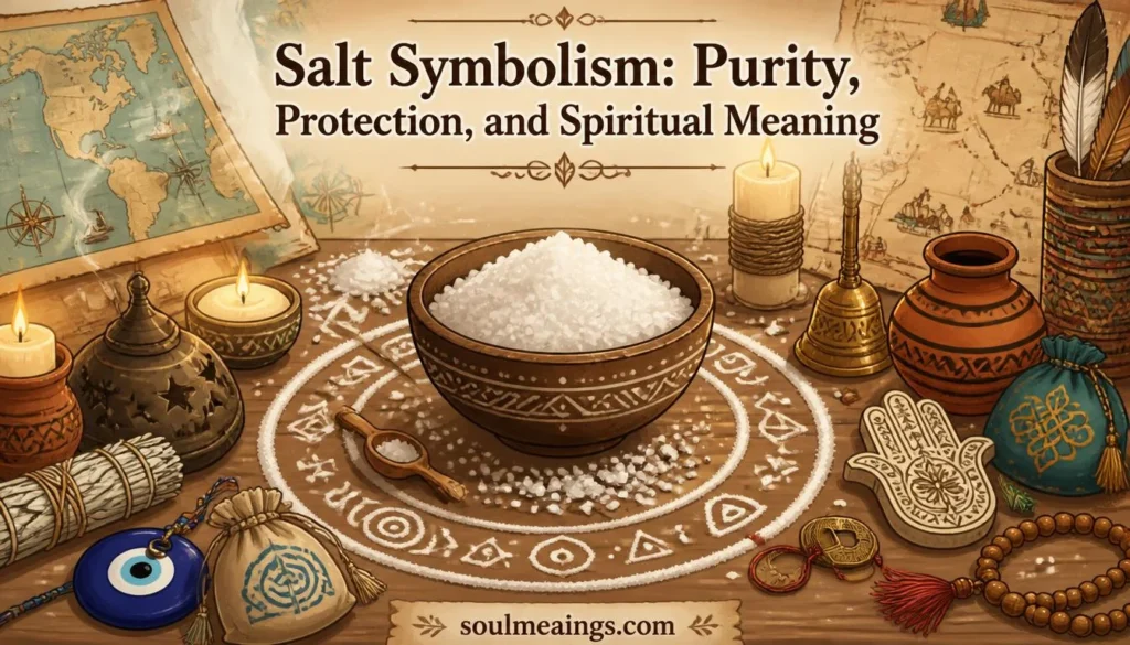 Bowl of sea salt with candles and symbolic spiritual objects.