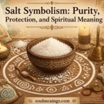 Bowl of sea salt with candles and symbolic spiritual objects.