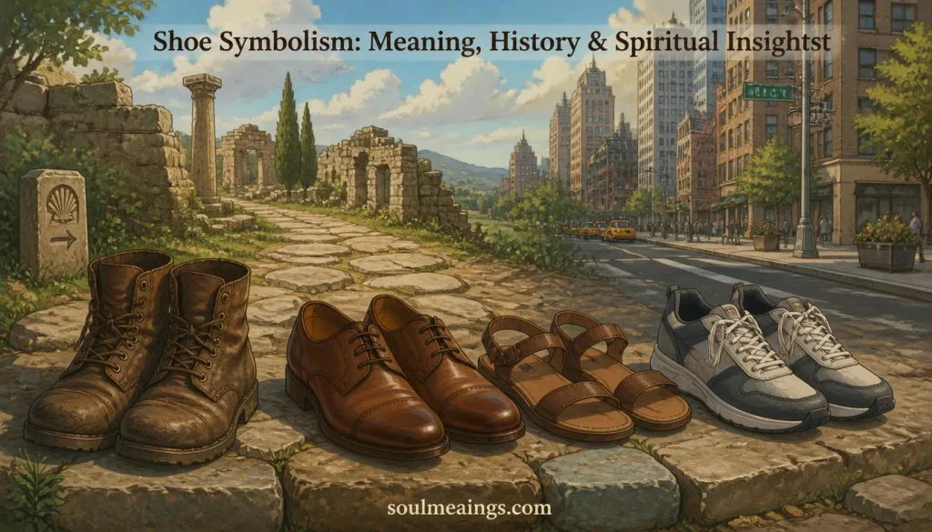 Different styles of shoes arranged along a pathway, symbolizing personal journeys, identity, and spiritual growth.