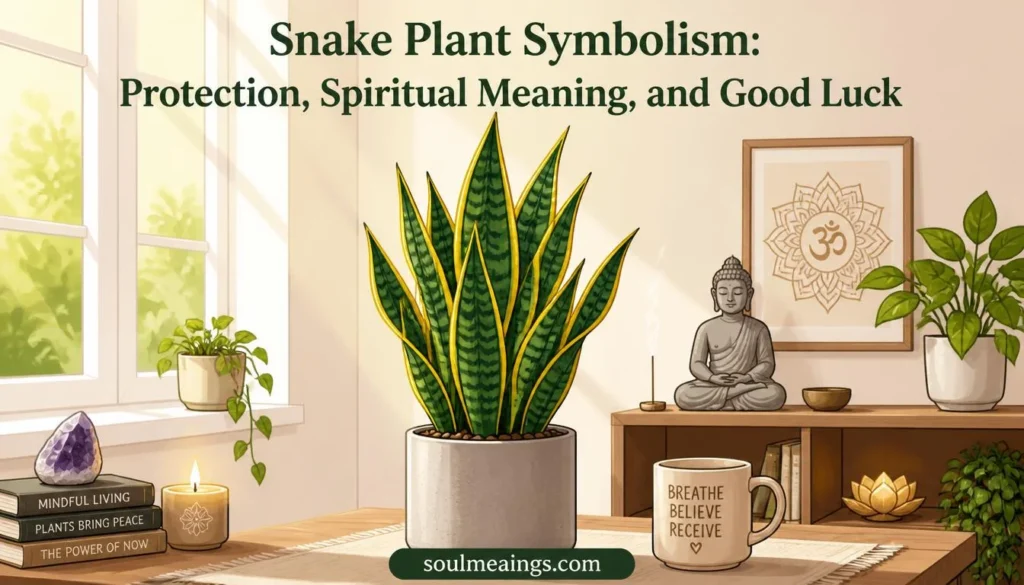 Tall green snake plant with yellow-edged leaves in a decorative indoor pot.