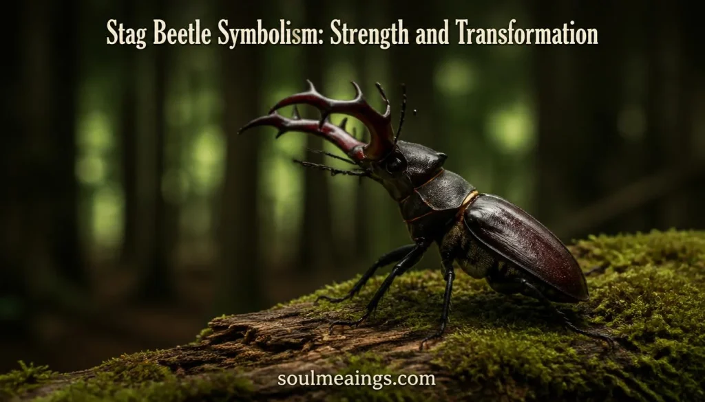 A dark stag beetle standing on mossy wood in a forest.