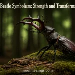 A dark stag beetle standing on mossy wood in a forest.