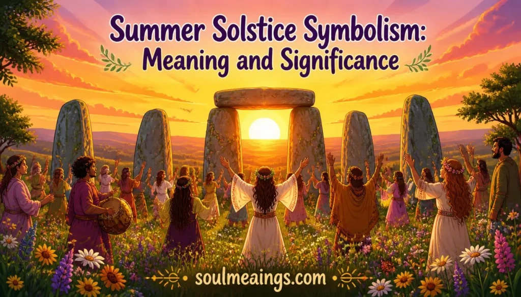 People gathering outdoors during the summer solstice at sunset near a symbolic stone circle.