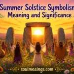 People gathering outdoors during the summer solstice at sunset near a symbolic stone circle.