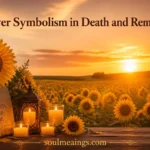 Sunflowers beside memorial candles at sunset.