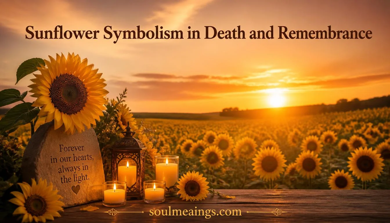 Sunflowers beside memorial candles at sunset.