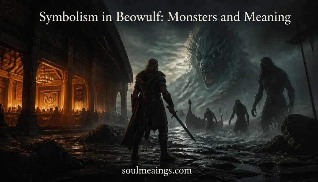 Beowulf facing symbolic monsters outside a Viking-style hall at night.