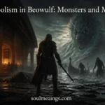 Beowulf facing symbolic monsters outside a Viking-style hall at night.