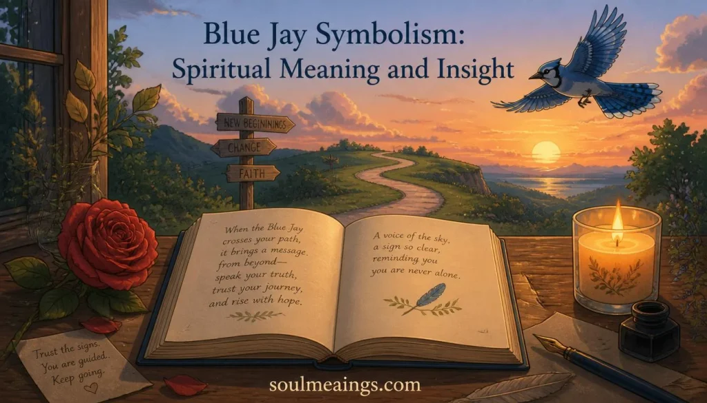 Symbolism in poetry illustrated through an open book, a red rose, a winding road, birds, and warm light representing deeper meanings and emotions.