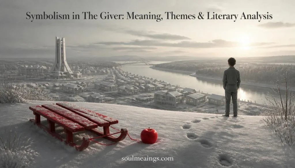 A red sled, red apple, snowy hill, and distant community representing symbolism in The Giver.