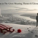A red sled, red apple, snowy hill, and distant community representing symbolism in The Giver.