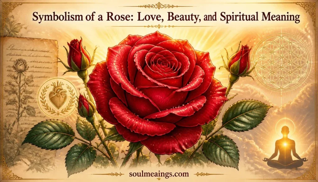 A blooming red rose with layered petals and soft natural lighting.