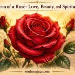 A blooming red rose with layered petals and soft natural lighting.