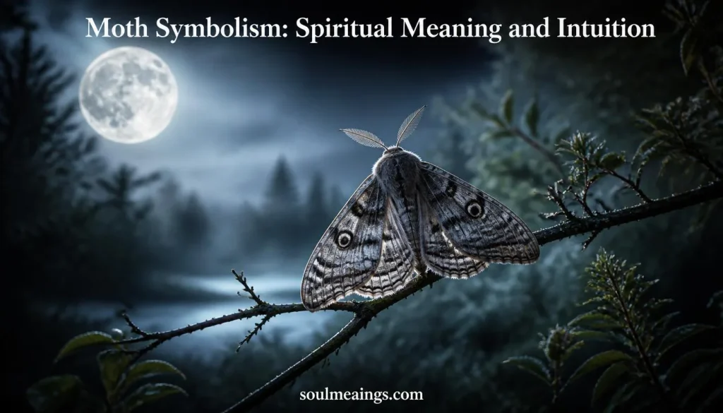 Moth resting on a branch under moonlight, symbolizing transformation, intuition, and spiritual growth.