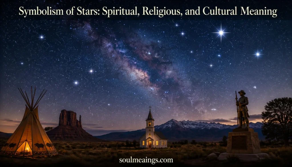 Bright stars shining over a peaceful nighttime landscape.