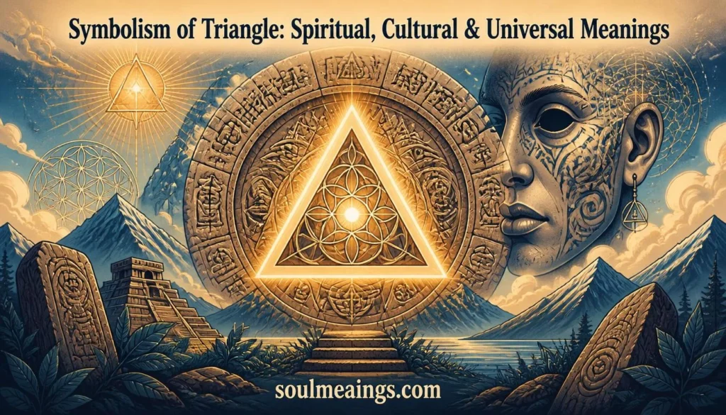 Illuminated triangle symbol with spiritual and cultural imagery.