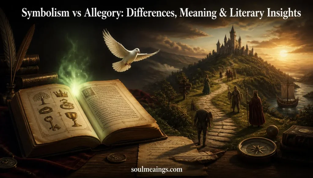 Symbolism vs allegory illustrated through an open book, a green light, a white dove, and a winding path.