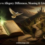 Symbolism vs allegory illustrated through an open book, a green light, a white dove, and a winding path.