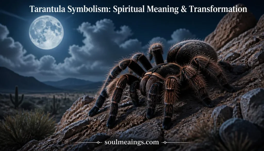 A large tarantula on desert stones at night.