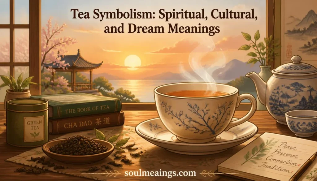 A steaming cup of tea with loose leaves and soft morning light.