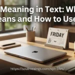 TGIF Meaning in Text: Friday abbreviation explained with a coffee cup, laptop, and weekend-themed desk.