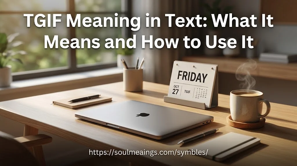 TGIF Meaning in Text: Friday abbreviation explained with a coffee cup, laptop, and weekend-themed desk.