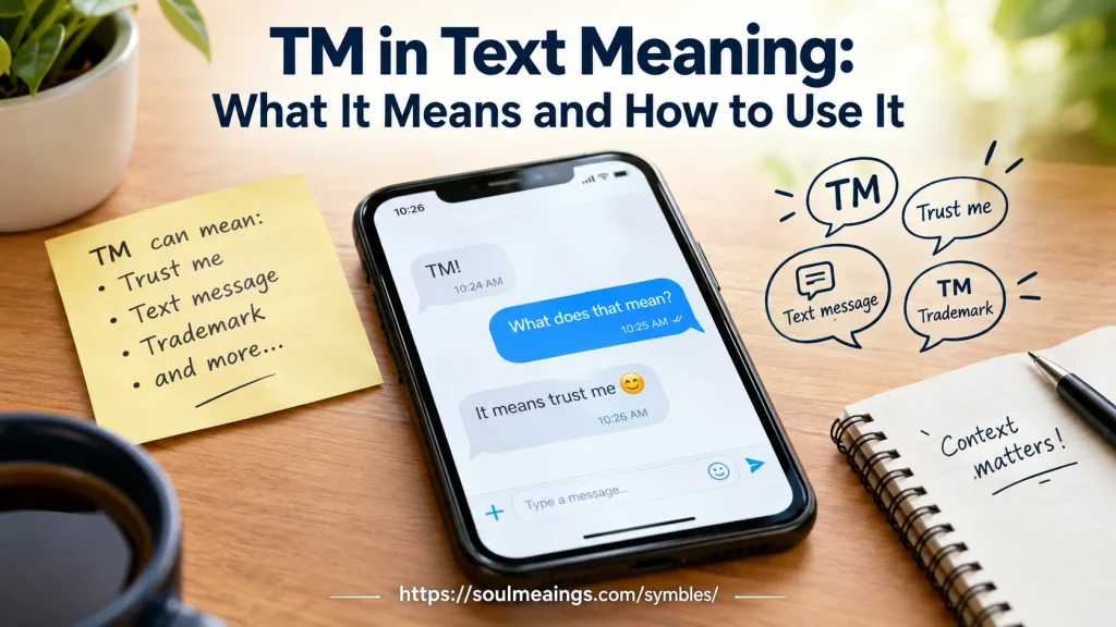 TM meaning in text explained with a smartphone, messaging examples, and trademark symbols.