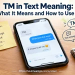 TM meaning in text explained with a smartphone, messaging examples, and trademark symbols.
