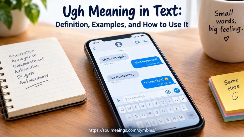 Smartphone displaying text messages that explain ugh meaning in text, with examples of frustration, annoyance, and everyday conversations.