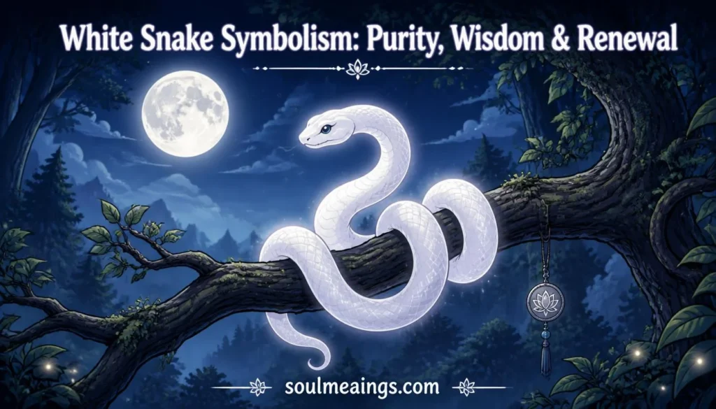 A white snake resting on a branch under moonlight.